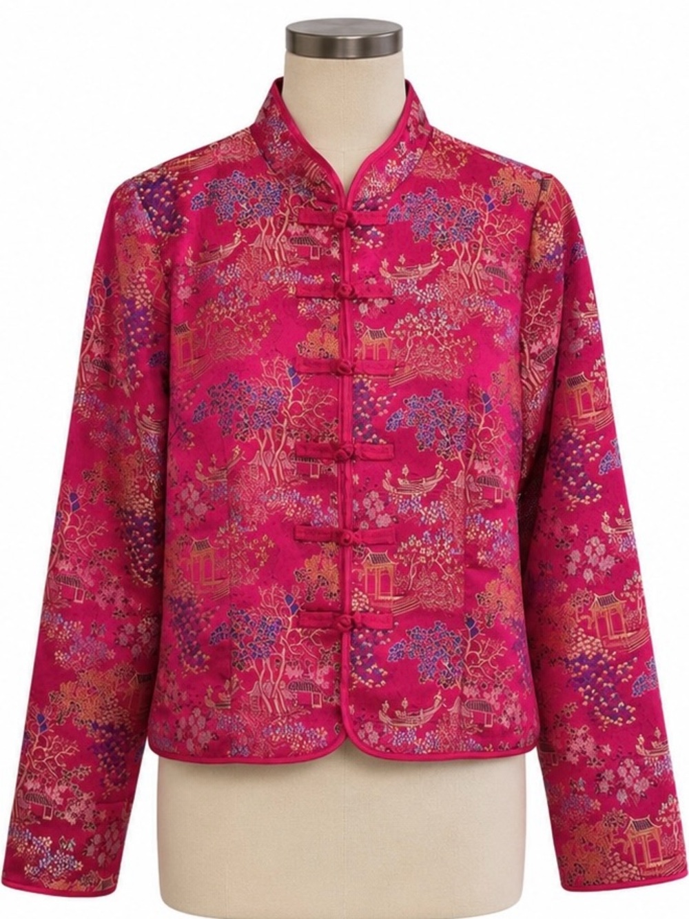 Vintage Old Navy Pink Asian Style Jacket M Satin Brocade Y2K Floral Frog Closure